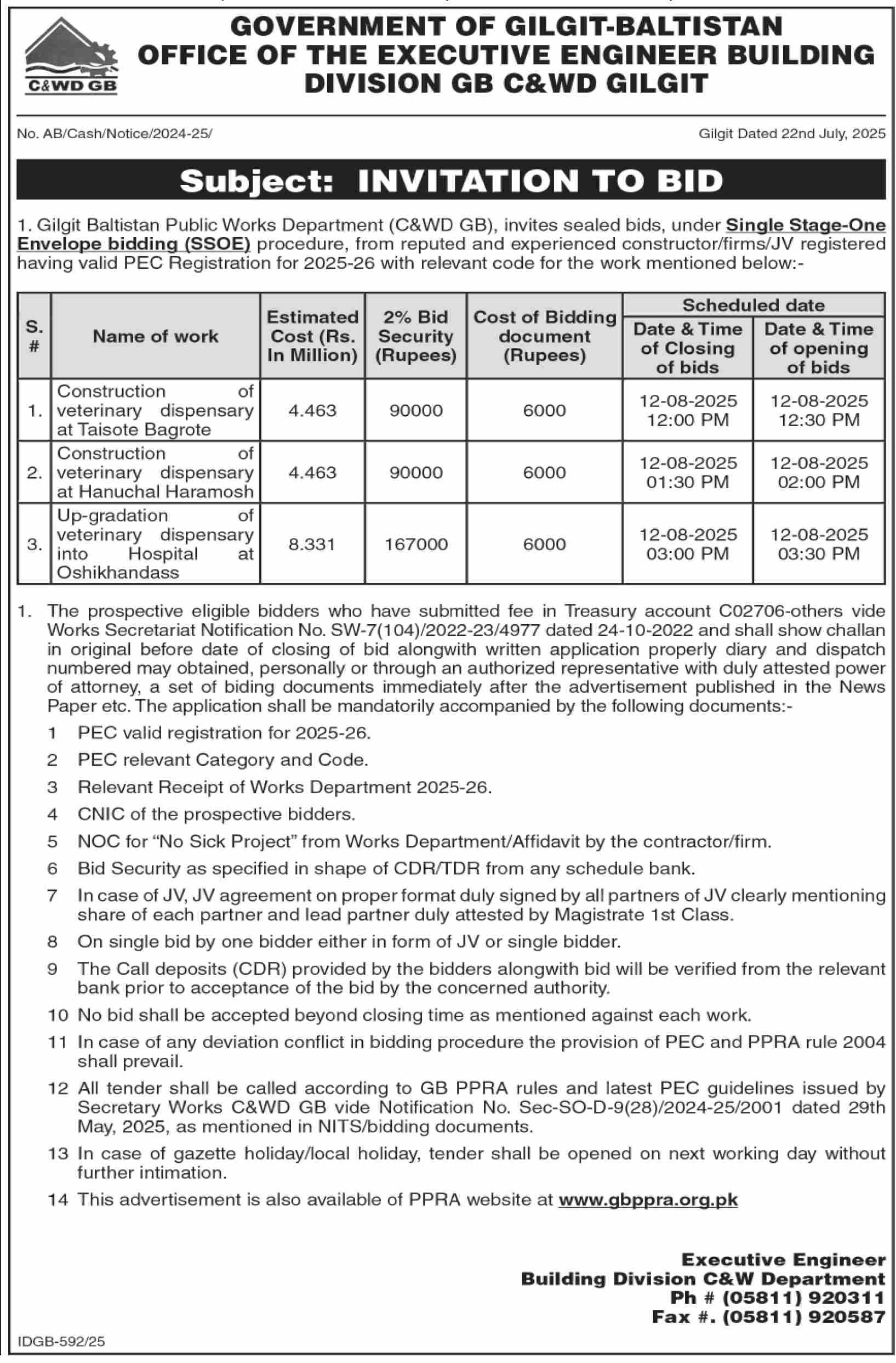 Building Division Gilgit Tender Notice